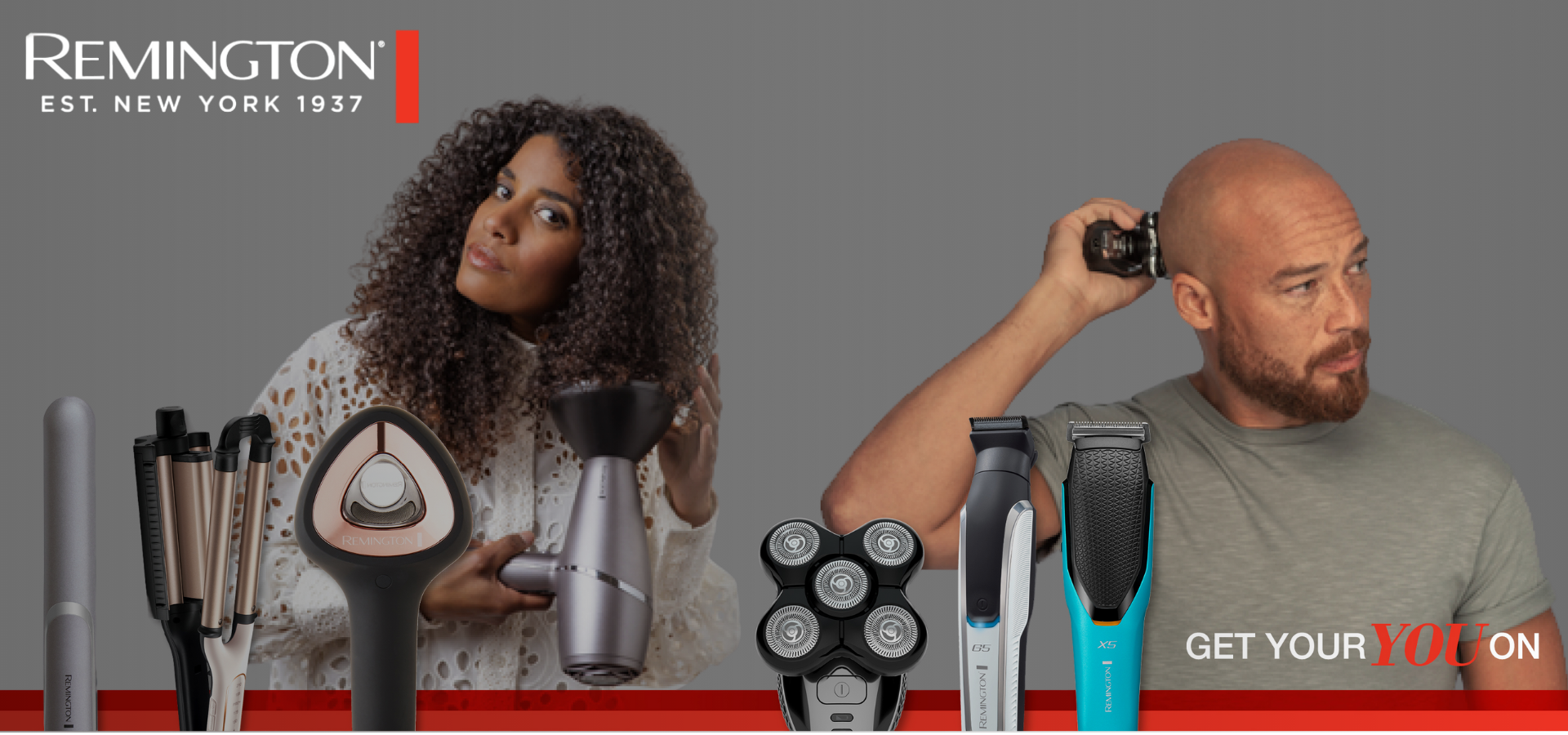 Remington hair care products displayed with a woman and man against a gray background