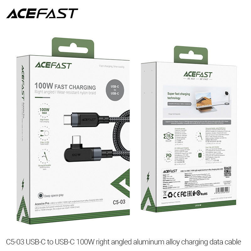 ACEFAST C5-03 USB-C to USB-C 100W Right Angled Aluminum Alloy Charging Data Cable (2m) - Black
