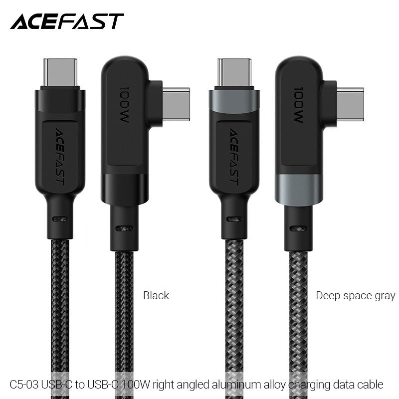 ACEFAST C5-03 USB-C to USB-C 100W Right Angled Aluminum Alloy Charging Data Cable (2m) - Black