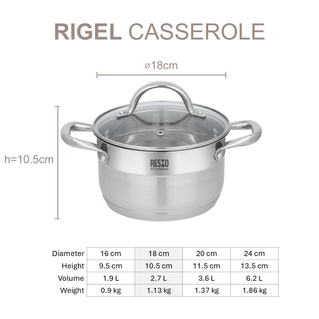 Resto Kitchenware RIGEL Casserole with lid Stainless Steel 16cm/18cm/20cm/24cm