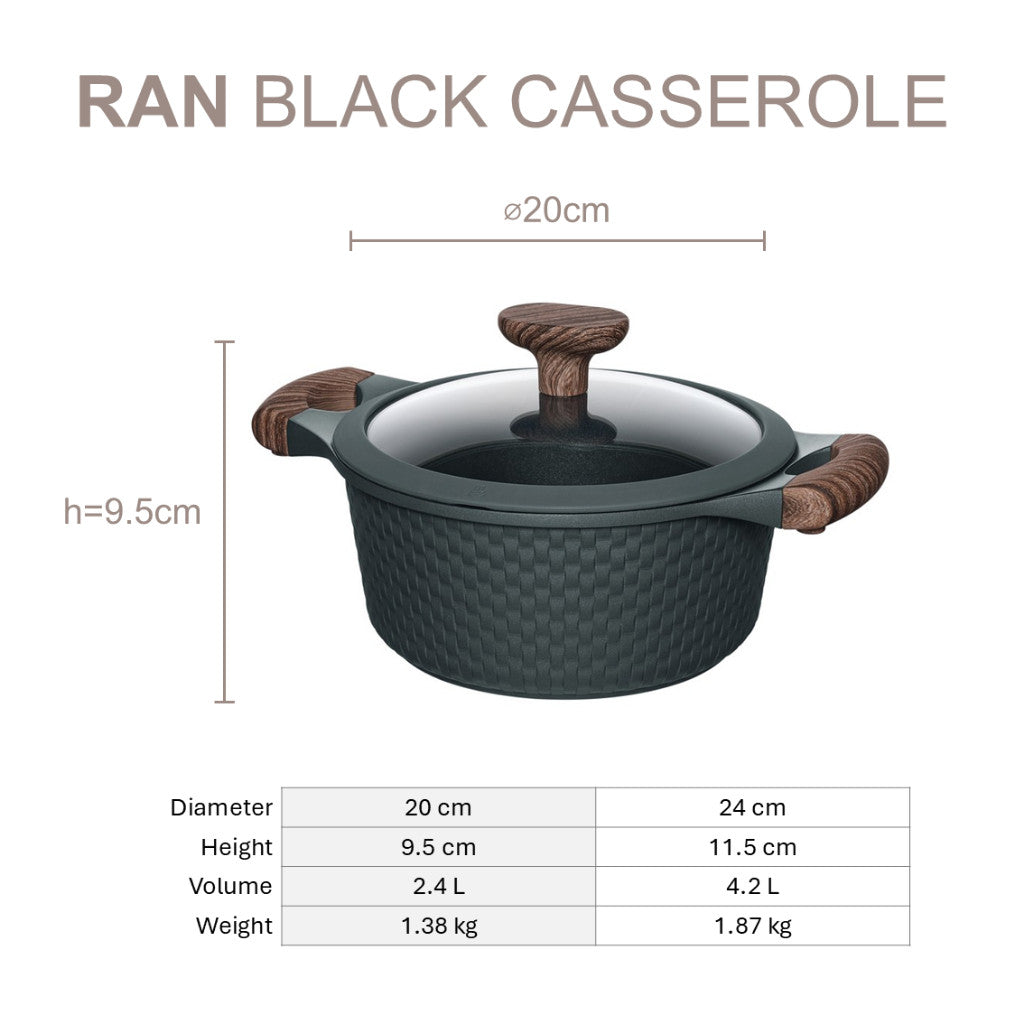 Resto Kitchenware Ran Black Casserole With Lid 2.4L/4.2L