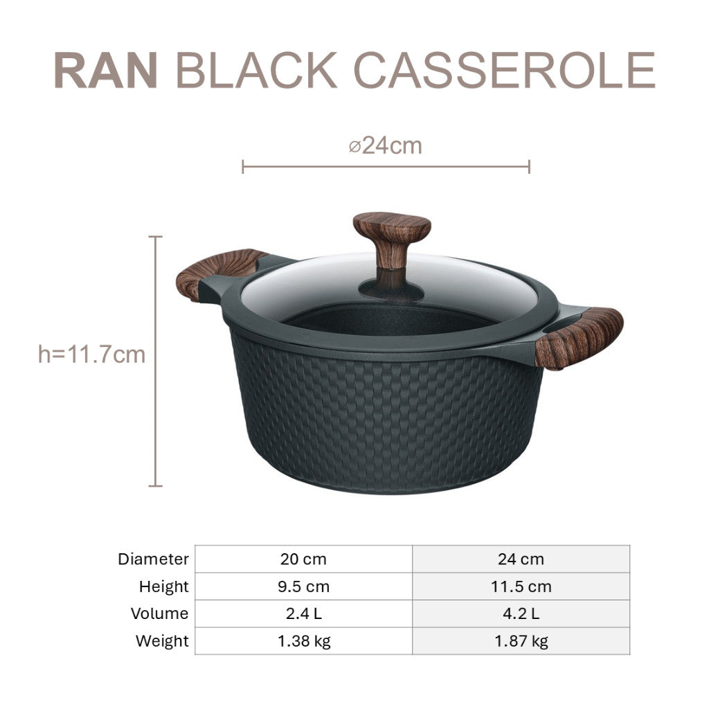 Resto Kitchenware Ran Black Casserole With Lid 2.4L/4.2L
