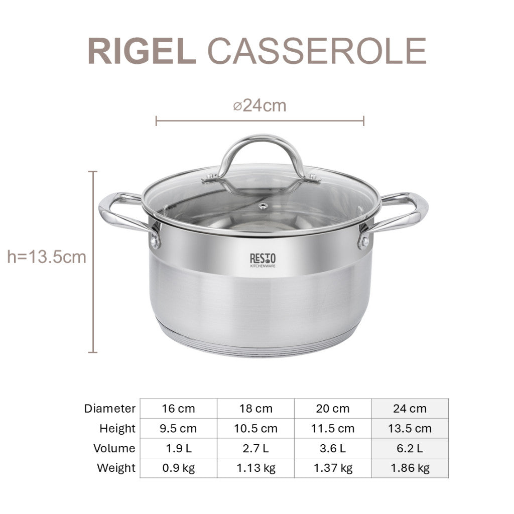 Resto Kitchenware RIGEL Casserole with lid Stainless Steel 16cm/18cm/20cm/24cm
