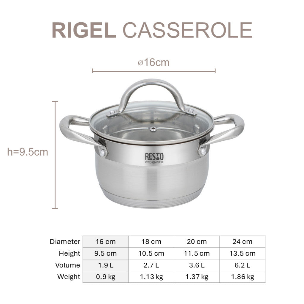 Resto Kitchenware RIGEL Casserole with lid Stainless Steel 16cm/18cm/20cm/24cm