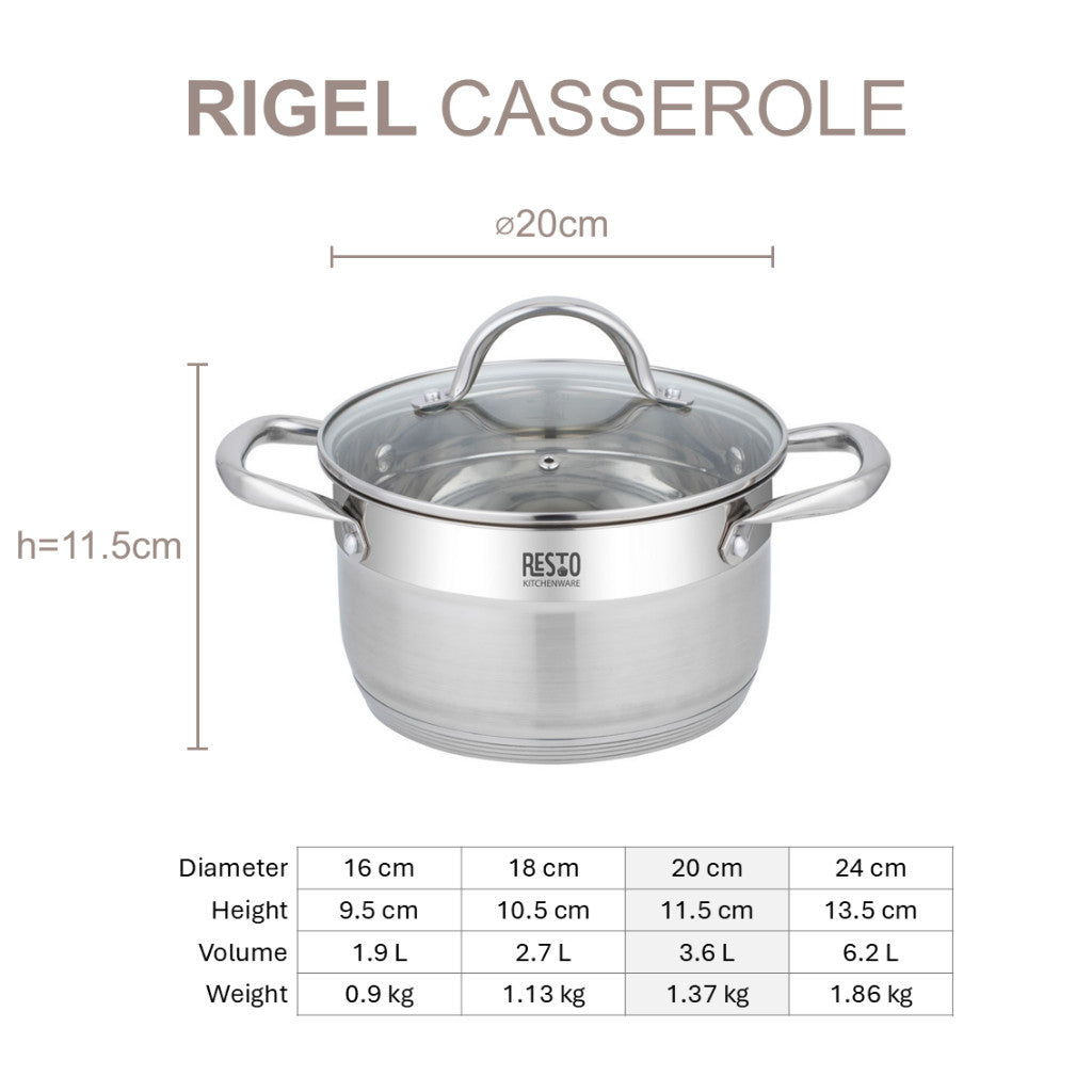 Resto Kitchenware RIGEL Casserole with lid Stainless Steel 16cm/18cm/20cm/24cm