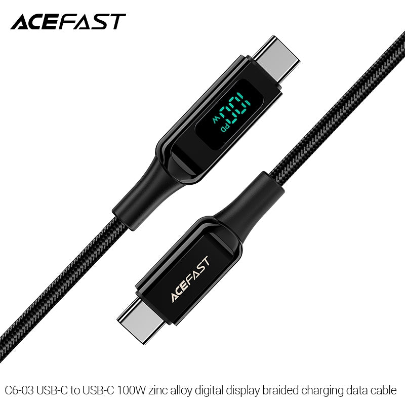 ACEFAST C6-03 USB-C to USB-C 100W Zinc Alloy Digital Display Braided Charging Data Cable (1.2m) - Black